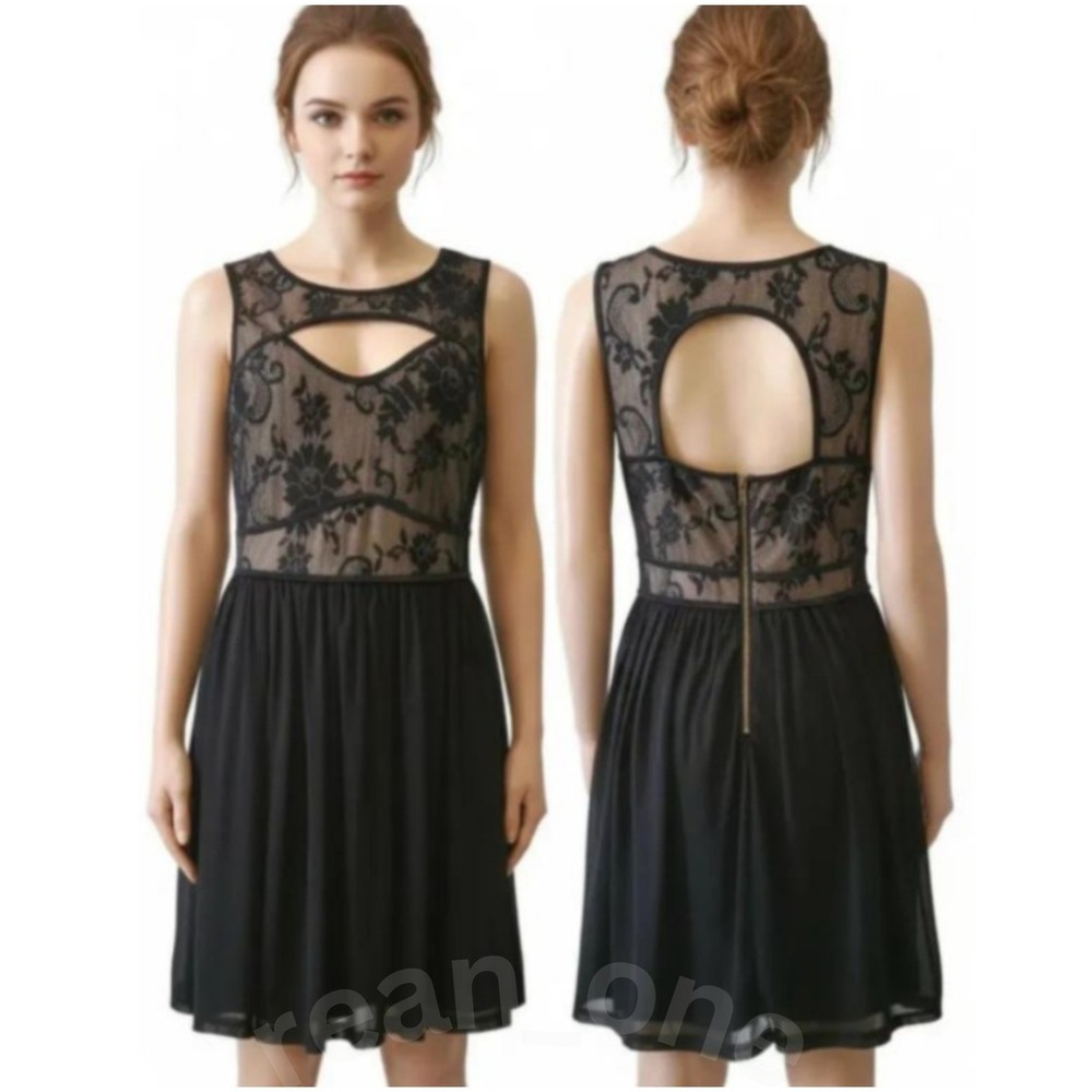 UP by Ultra Pink Women's Black Tan Lined Bodice Lace Cut-Out Dress Size Medium